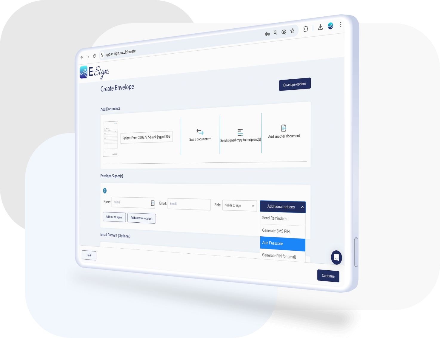 E-Signs Dashboard for Creating Envelopes